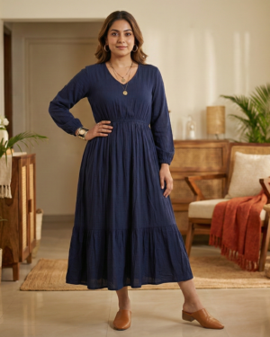 Midnight Indigo Smocked Tiered Midi Dress