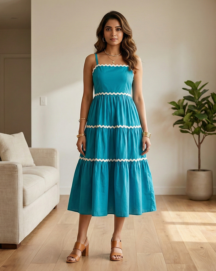 Teal Tide Ric-Rac Tiered Midi Dress