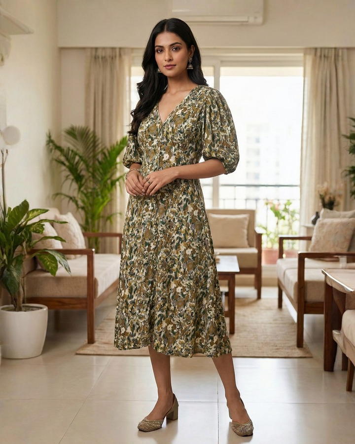 Olive Green Abstract Floral Puff Sleeve Button-Up Midi Dress