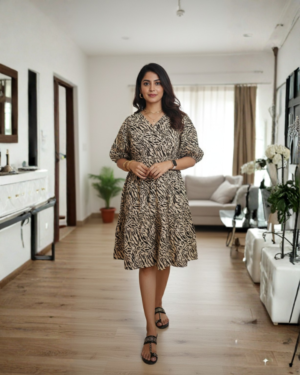 Beige & Black Animal Print Flared Knee-Length Dress for Women | V-Neck Casual Chic Dress