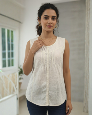 Womens Off-White Sleeveless Embroidered Cotton Top with Button-Down Front