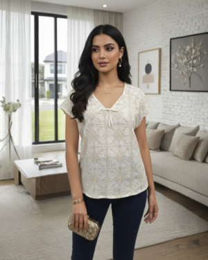 Womens Cream & Gold Printed V-Neck Top with Tie Detail