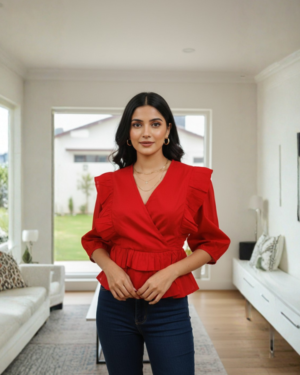 Women's Elegant Red Wrap Top with Ruffle Detail | V-Neck Peplum Style Casual & Party Wear Blouse