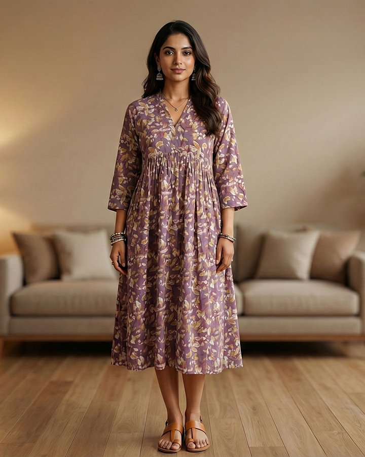Women's Mauve Floral Print Gathered Midi Dress ? Relaxed Fit