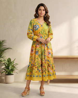 Saffron Bloom Tiered Midi Dress