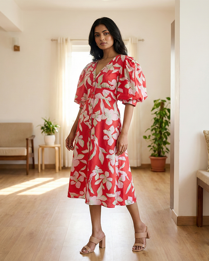 The Coral Botanical Puff-Sleeve Midi