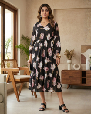 Midnight Rose Garden Tiered Midi Dress