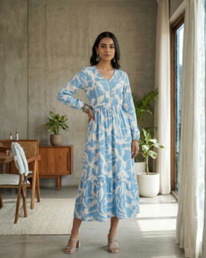 Azure Breeze Abstract Tiered Midi Dress