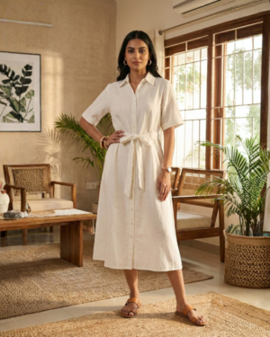 Alabaster Linen-Blend Belted Midi Shirt Dress