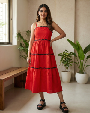 Crimson Ember Ric-Rac Tiered Midi Dress