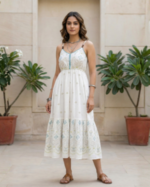 Women's Red Eyelet Embroidered Midi Dress | V-Neck A-Line Cotton Kurti with Tie-Up Waist & 3/4 Sleeves ? Elegant Casual & Semi-Formal Summer Wear