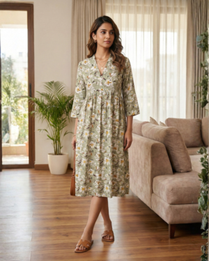 Women's Sage Green Floral Print A-Line Midi Dress with V-Neck & 3/4th Sleeves