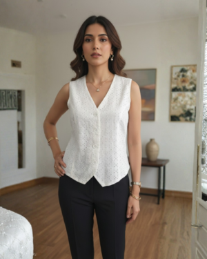 Elegant White Eyelet Sleeveless V-Neck Button-Down Top for Women