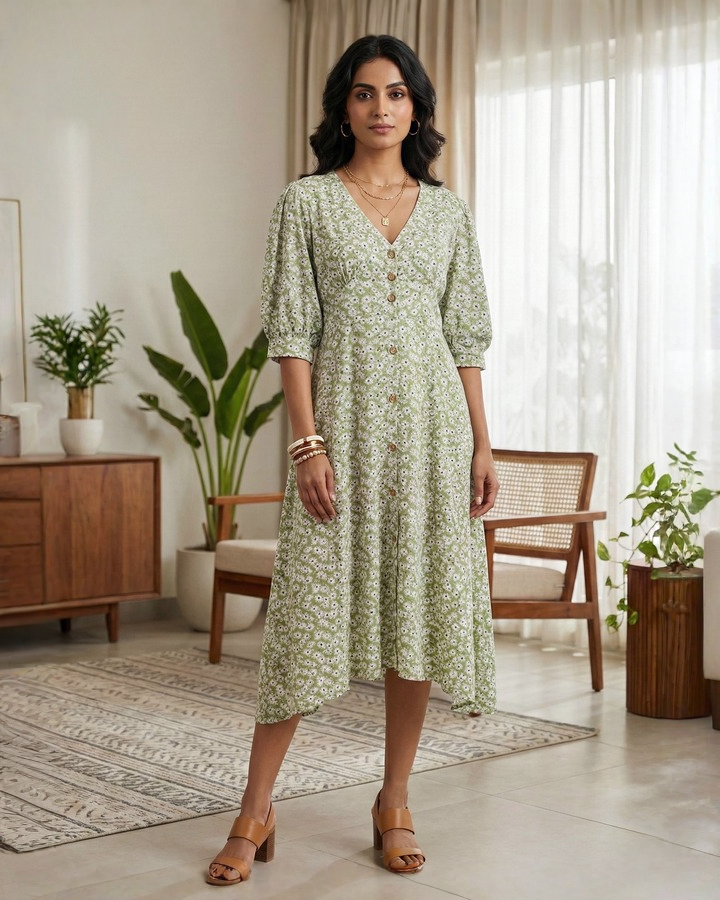 Women's Sage Green Floral V-Neck Midi Dress | Puff Sleeve Button-Down A-Line Summer Dress
