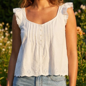 Womens White Cotton Sleeveless Lace Trim Top with Pintuck Detail