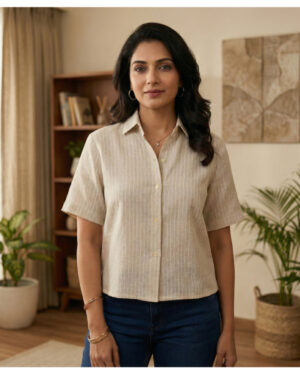 Elegant Beige Striped Cotton Short Sleeve Shirt for Women | Casual Button-Down Top