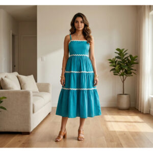 Teal Tide Ric-Rac Tiered Midi Dress