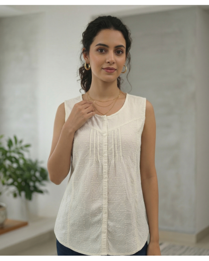 Womens Off-White Sleeveless Embroidered Cotton Top with Button-Down Front