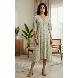 Women's Sage Green Floral V-Neck Midi Dress | Puff Sleeve Button-Down A-Line Summer Dress