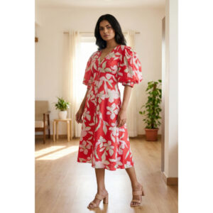 The Coral Botanical Puff-Sleeve Midi