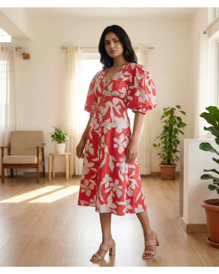 The Coral Botanical Puff-Sleeve Midi