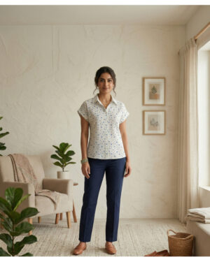 Women?s White & Blue Star Printed Button-Down Shirt | Casual Short Sleeve Collared Top