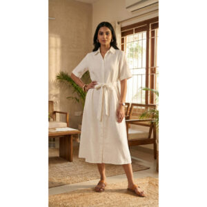 Alabaster Linen-Blend Belted Midi Shirt Dress