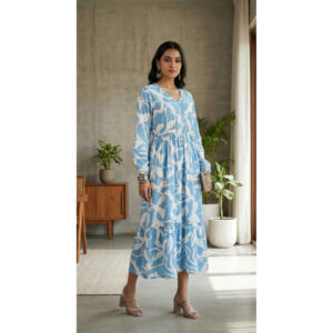 Azure Breeze Abstract Tiered Midi Dress