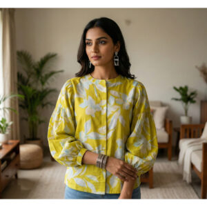 Womens Yellow Floral Printed Cotton Top with Puff Sleeves | Casual Button-Down Shirt