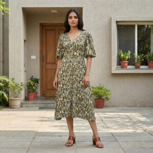 Olive Green Abstract Floral Puff Sleeve Button-Up Midi Dress