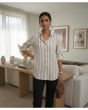 Women?s Beige & White Vertical Striped Cotton Shirt | Full Sleeve Button-Down Casual Formal Top