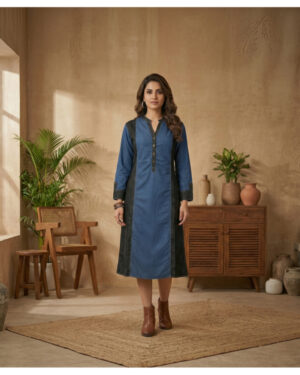 Womens Blue Denim Kurti with Printed Side Panels