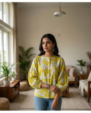 Womens Yellow Floral Printed Cotton Top with Puff Sleeves | Casual Button-Down Shirt