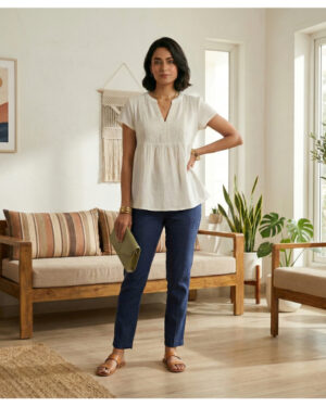 Elegant White Cotton Lace Detail Top for Women | Short Sleeve V-Neck Casual Tunic