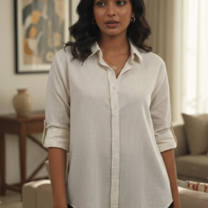 Women?s Beige Striped Full Sleeve Button-Down Shirt | Classic Collared Casual Top