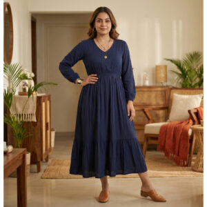 Midnight Indigo Smocked Tiered Midi Dress
