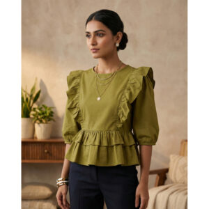 Olive Green Ruffle Wrap Peplum Top for Women | V-Neck Puff Sleeve Stylish Casual Blouse