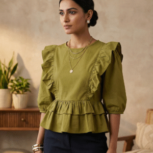 Olive Green Ruffle Wrap Peplum Top for Women | V-Neck Puff Sleeve Stylish Casual Blouse