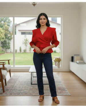 Women?s Elegant Red Wrap Top with Ruffle Detail | V-Neck Peplum Style Casual & Party Wear Blouse