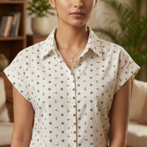 Elegant Cream Printed Cap Sleeve Shirt for Women | Casual Smart Office Wear Top