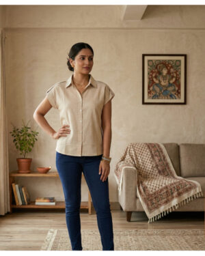 Women?s Beige Linen Blend Button-Down Shirt | Casual Short Sleeve Collared Top