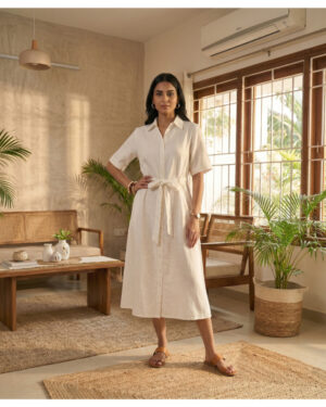 Alabaster Linen-Blend Belted Midi Shirt Dress