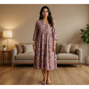 Women's Mauve Floral Print Gathered Midi Dress ? Relaxed Fit