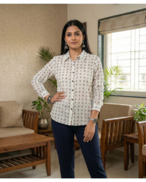 Women?s White Printed Cotton Shirt | Full Sleeve Button-Down Casual Office Wear Top