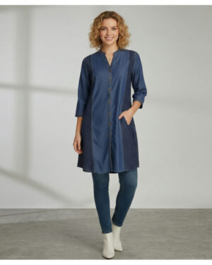 Womens Denim Panel Kurti with Printed Side Panels | Button-Down 3/4 Sleeve Casual Top