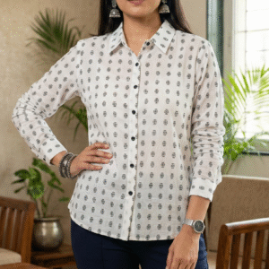 Women?s White Printed Cotton Shirt | Full Sleeve Button-Down Casual Office Wear Top