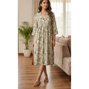 Women's Sage Green Floral Print A-Line Midi Dress with V-Neck & 3/4th Sleeves