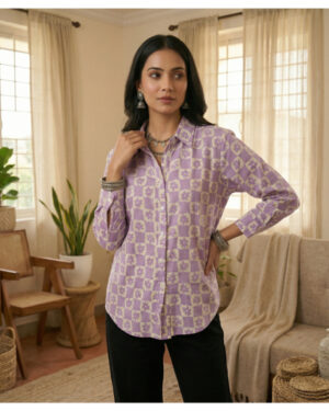 womens Purple Floral Checkered Casual Shirt | Full Sleeve Button-Down Cotton Top for Women