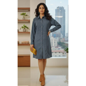 Elegant Navy Blue Button-Down Shirt Dress for Women | Full Sleeve Casual Midi Dress