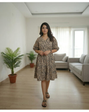 Beige & Black Animal Print Flared Knee-Length Dress for Women | V-Neck Casual Chic Dress